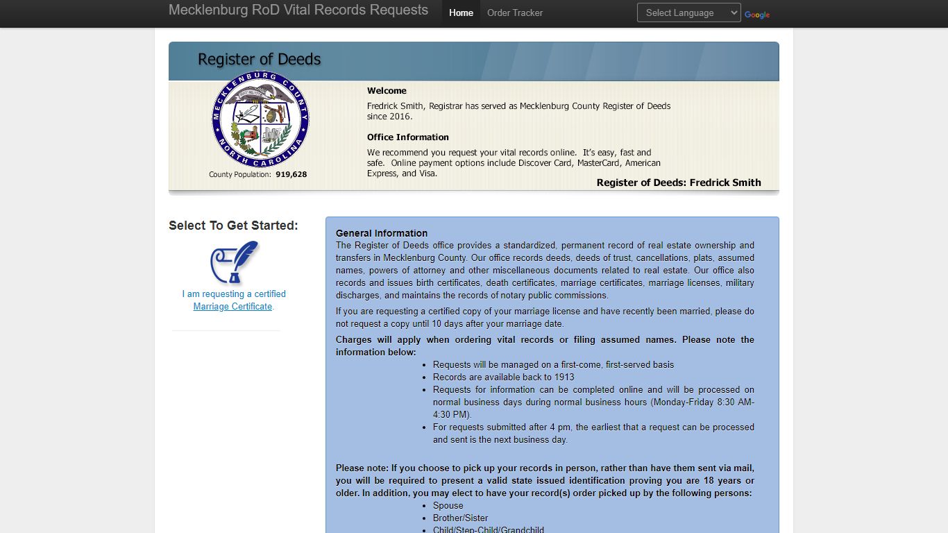 Mecklenburg County Register of Deeds Online Vital Records Requests